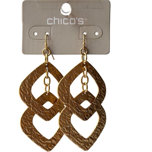Chicos Y2K Gold Geometric Dangle Earrings Textured Linked Shapes Statement Style - Picture 2 of 13